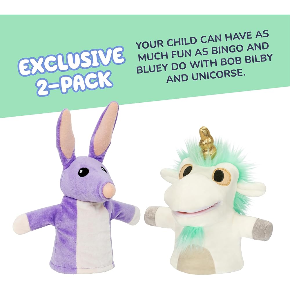 Bluey Unicorse and Bob Bilby Plush Puppets 8-9 Inch Soft Animal Puppets for Small Hands Ages 3 and Up