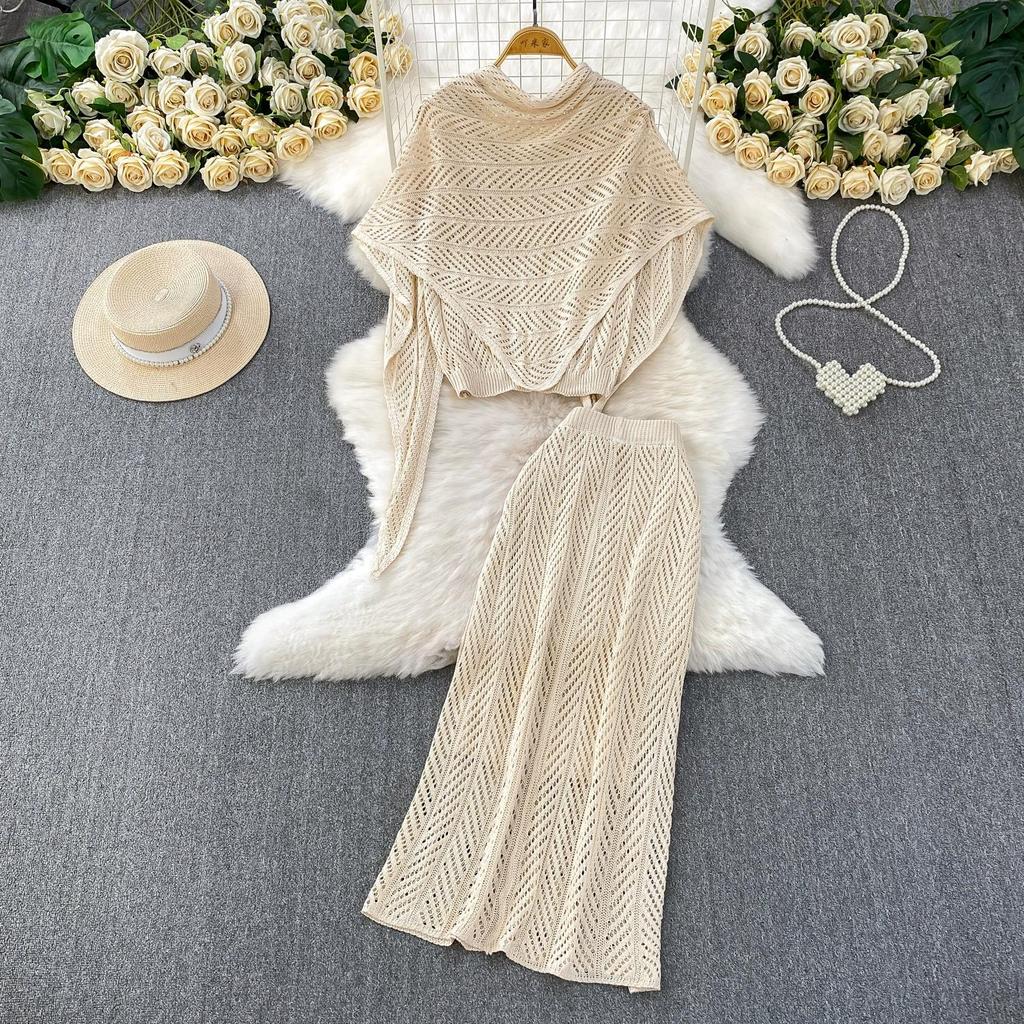 Summer Women Casual Perspective Knitted Sweater 3 Piece Set Sleeve Pullover Top Shawl and Long Midi Sheath Skirt Suit