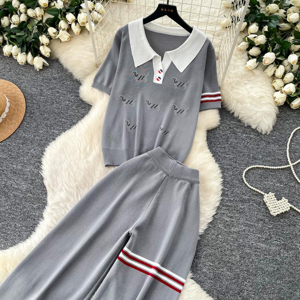 Lässiges Strick-Set mit süßem Welpenmotiv für Damen, Sommer, Umlegekragen Pullover-Top und Weitbeinige Hosen, Zweiteiliges Set für Damen