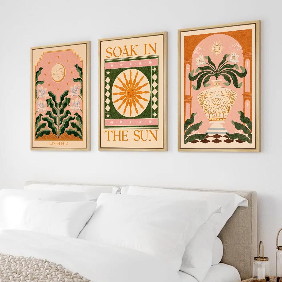 Boho Floral Sun Wall Art Posters Plant Prints Nordic Canvas Painting Pictures Living Room Mural Decorative Painting Home Decor
