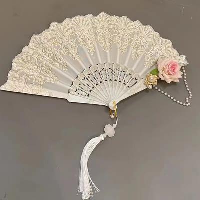 New Lolita Lace Folding Fan, Gorgeous Retro European Rose Fan, Tea Party Dark Style, Anime Expo Cosplay Prop