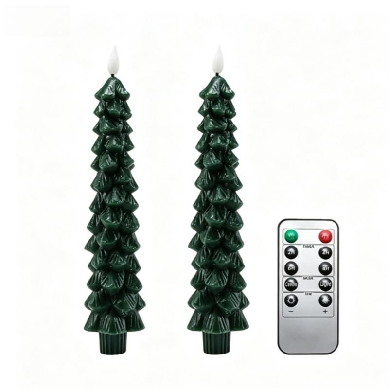4/2pcs Christmas Tree LED Flameless Candles Light with 3D Flame Wick Green LED Candlesticks Operated for Christmas Home Decor