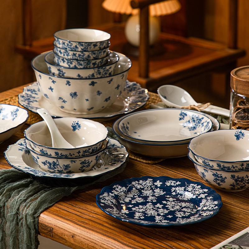 Luxury National Tide Style Ceramic Bowl & Plate Set - Underglaze Color, Ideal for Rice, Soup, and More.