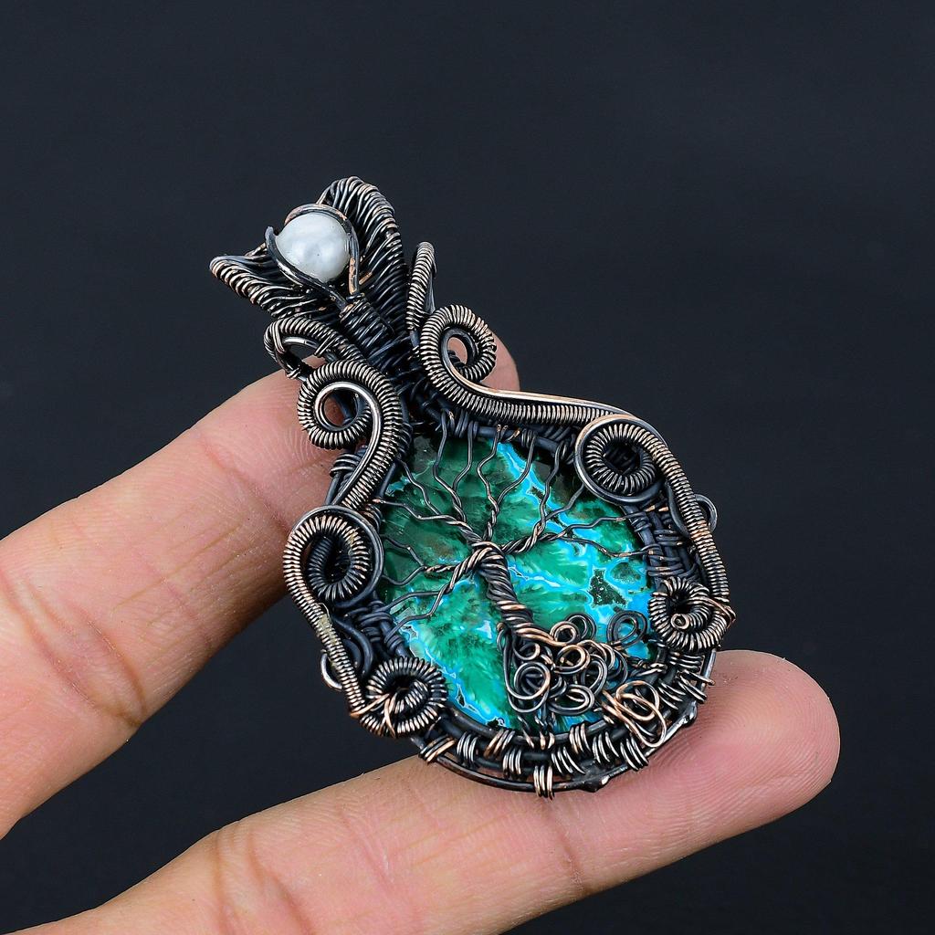 Baum des Lebens Azurit Malachit & Mondstein Edelstein Reiner Kupferdraht Wickel handgefertigter Schmuck Anhänger