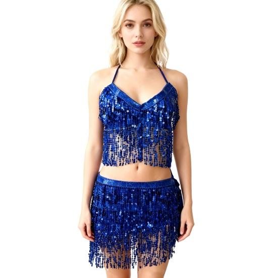 Belly Dancer Outfit Sequin Tassel Bra Top with Fringe Hip Scarf Set Sparkling Rave Party Costume for Women Girls