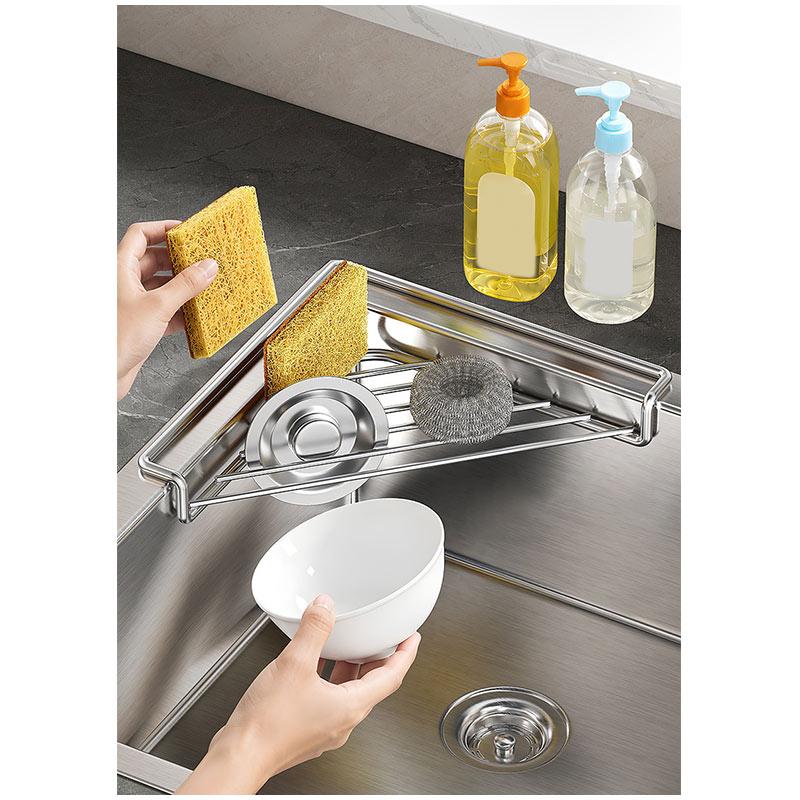 Stainless Steel Corner Sink Shelf Dish Drying Rack with Triangular Design Drainage for Sponges Soap Plates Cups Kitchen Counter