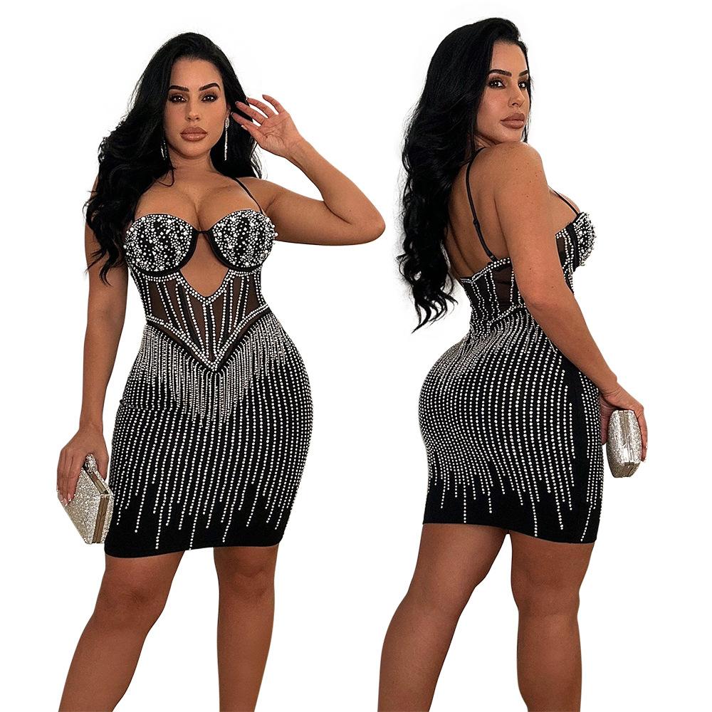 CY900891 European and American women's clothing, fashionable hot diamond party suspender hip A-shaped dress, dress women