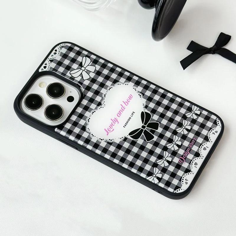 Ins black and white plaid love for iPhone Apple 17/16 mobile phone case 14 water condensation 13 niche 12 Epoxy 15