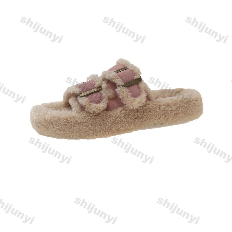 Women's Slippers Belt Buckle 2024 Autumn/winter Thick Soled Boken Plush Fluffy Slippers New Korean Outdoor Fashion Cotton Shoes