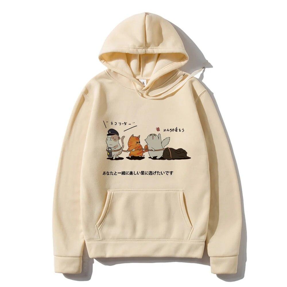 Men Hip Hop Unisex's Hoodies Streetwear Japanese Kanji Harajuku Funny Cat Unisex Hoodies Sweatshirts Autumn Winter Oversized Clothing