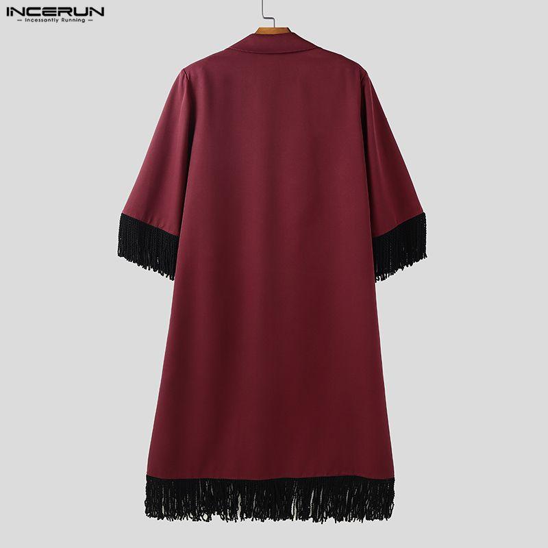 INCERUN Men Lapel Neck Long Sleeve Open Front Tassel Long Blazer Coats