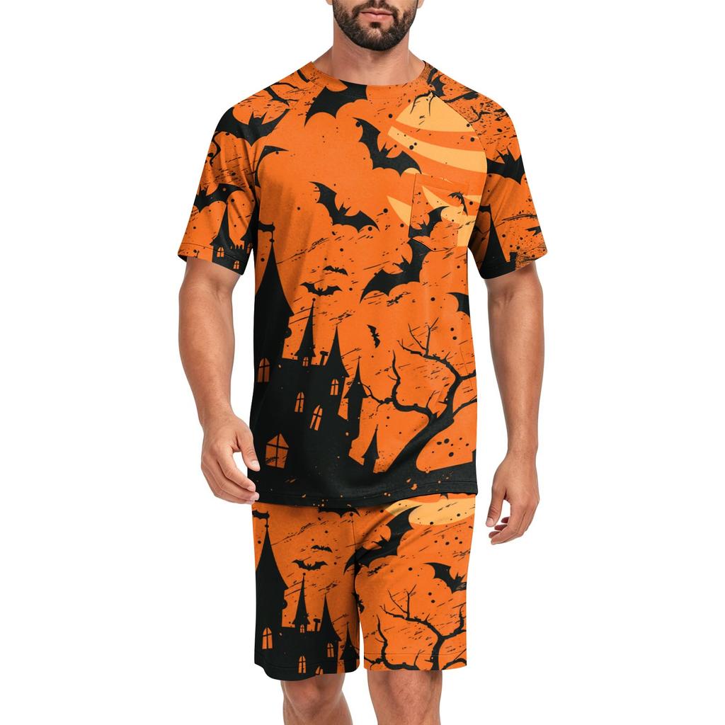 Men's Halloween Casual Pajama Set Short Sleeve Top and Shorts Comfortable Lightweight Sleepwear for Home Relaxation