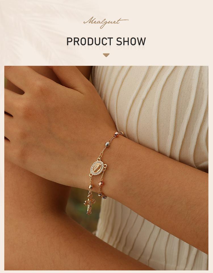 Bracelet Croix de Perles de Rosaire Vierge Marie Vierge de Guadalupe Bracelet à Maillons Ajustables pour Femmes Fille Bijou Cadeau