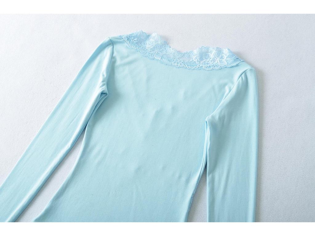 Lace Splice V-Neck Slim Fit Waist-Cinching Cotton Top for Women - Ideal for Autumn/Winter