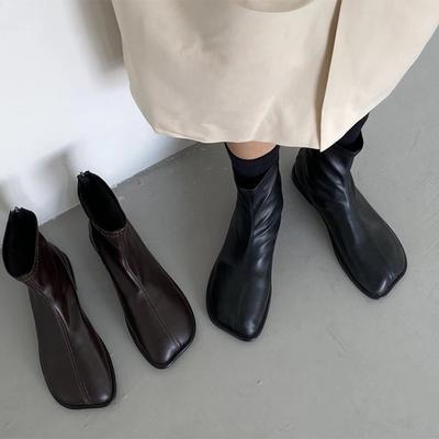 Women Leather Ankle Boots Flats Square Toe Designer Shoes Trend New Snow Boots Walking Goth Chelsea Boots Zip Female