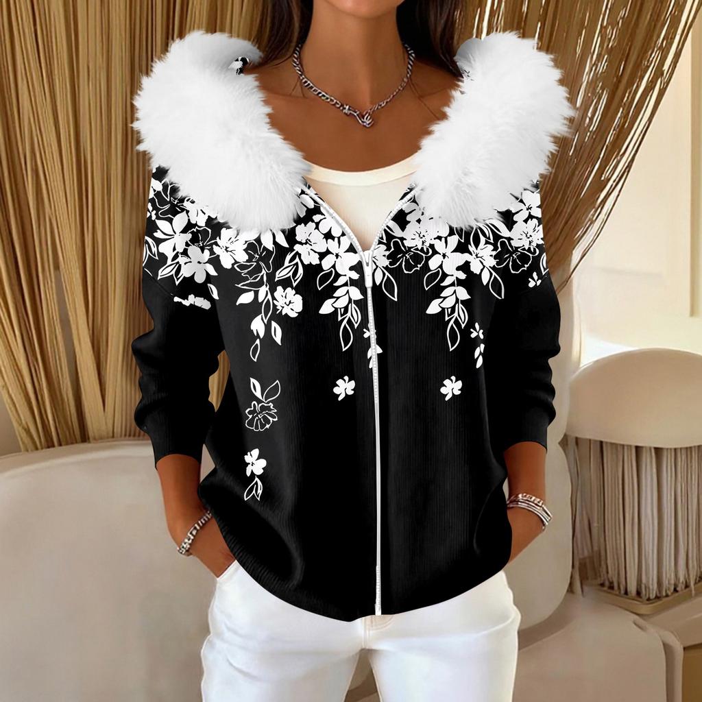 Pulover Casual de Damă la Modă cu Fermoar, Cardigan cu Imprimeu, Jachetă cu Glugă Plușată