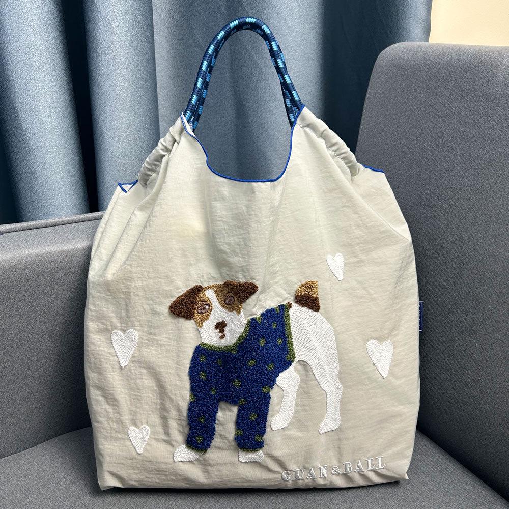 2024 Japanese-Style Cute Dog Embroidered Nylon Eco-Friendly Shoulder Shopping Bag