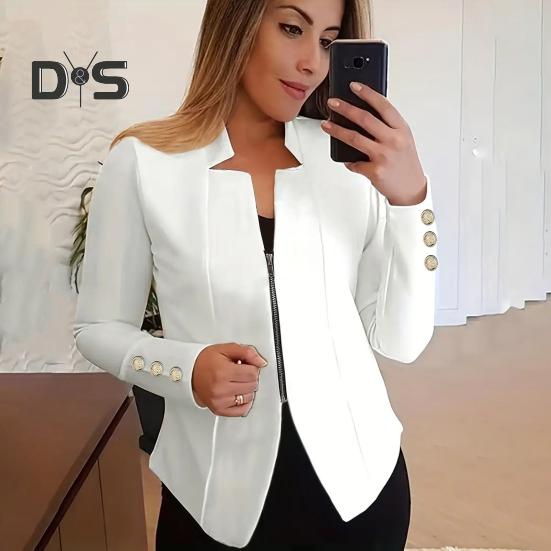 Jaro Podzim Business Suit Kabát Vroubkovaný límec Dlouhý rukáv Zapínání na zip Bunda k obleku Jednobarevné Slim Fit Outwear