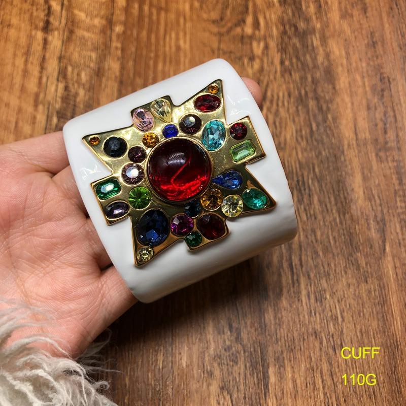 Heavy Industry Antique Bracelet Plated with Real Gold, White Enamel Glaze, Colored Gemstone, Glazed Inlaid Temperament Bracelet