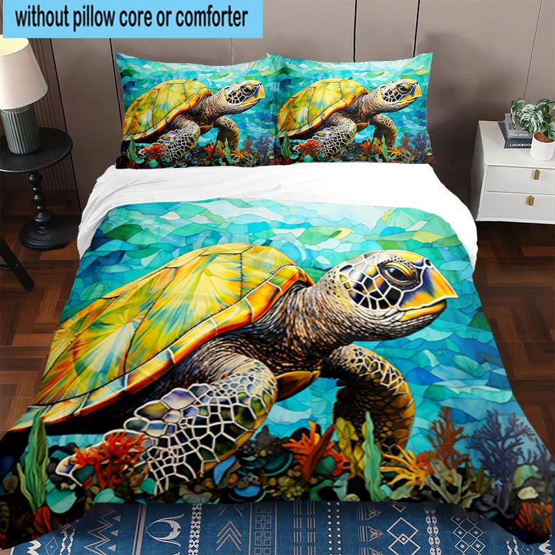 Cartoon Sea Turtle Artwork 3pcs Bedding,Including 1pc Duvet Cover And 2pcs Pillowcases Perfect for Christmas,Ideal for Bedroom, Dormitory