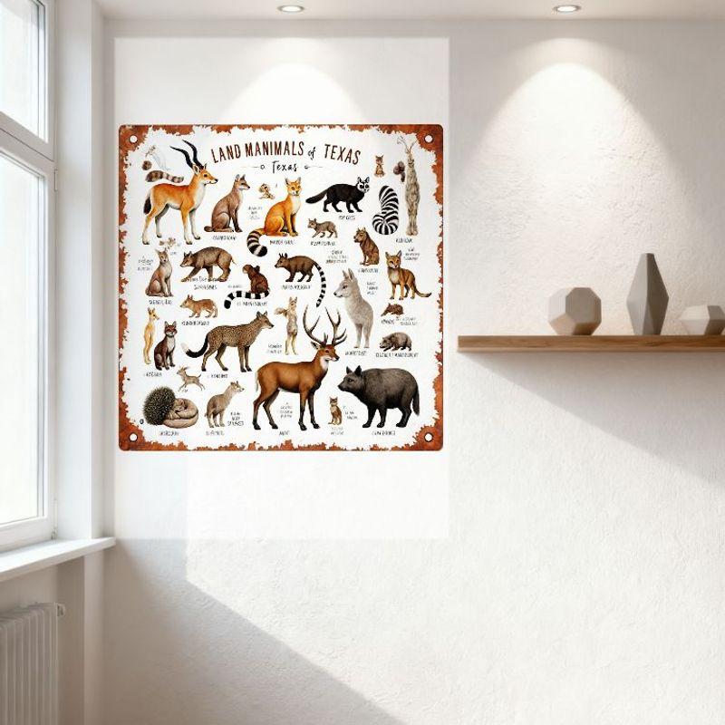 Vintage Style 'LAND ANIMALS OF TEXAS' Metal Tin Sign, Rusty Border, Colorful Cartoon Animal Illustrations Educational Wildlife D