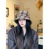Women S Plaid Bucket Hat Double Sided Foldable Sun Protection Large Head Size Korean Style