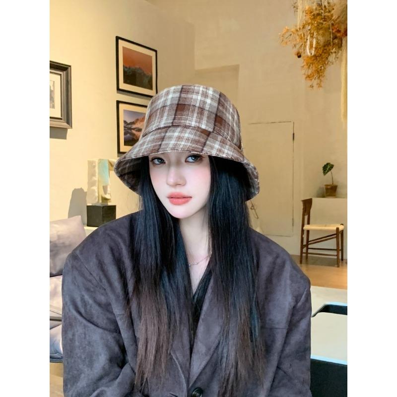 Women S Plaid Bucket Hat Double Sided Foldable Sun Protection Large Head Size Korean Style