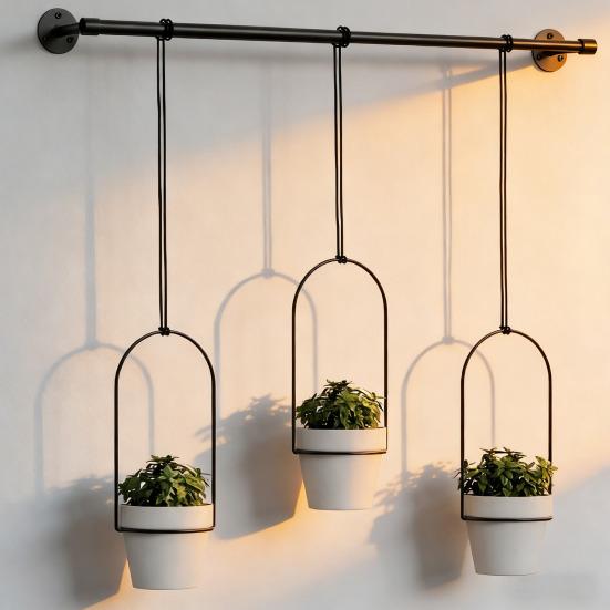 1 Set Hanging Plant Pot Wall Plant Hanger Includes Adjustable Metal Rod 3 Planters And Nylon Ropes Flower Pot Hanger