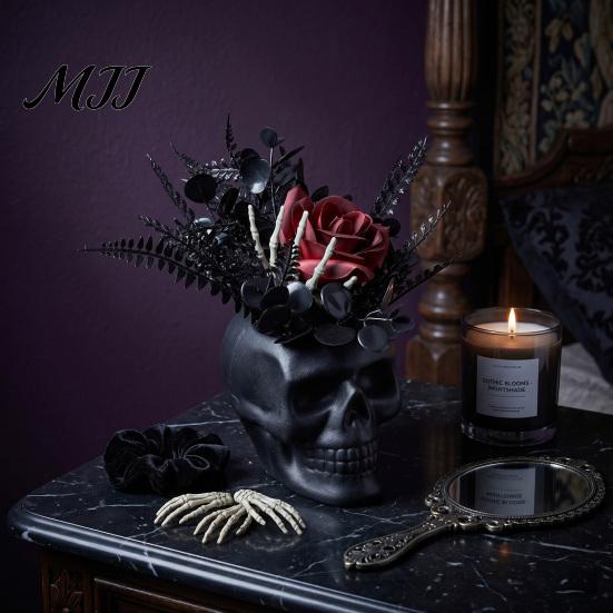 Durable Plastic Skull Spooky Figurine, Black Red Rose Creepy Eyeballs Skeleton Halloween Ornament Table Centerpiece for Tabletop, Desk, Mantel, Shelf,