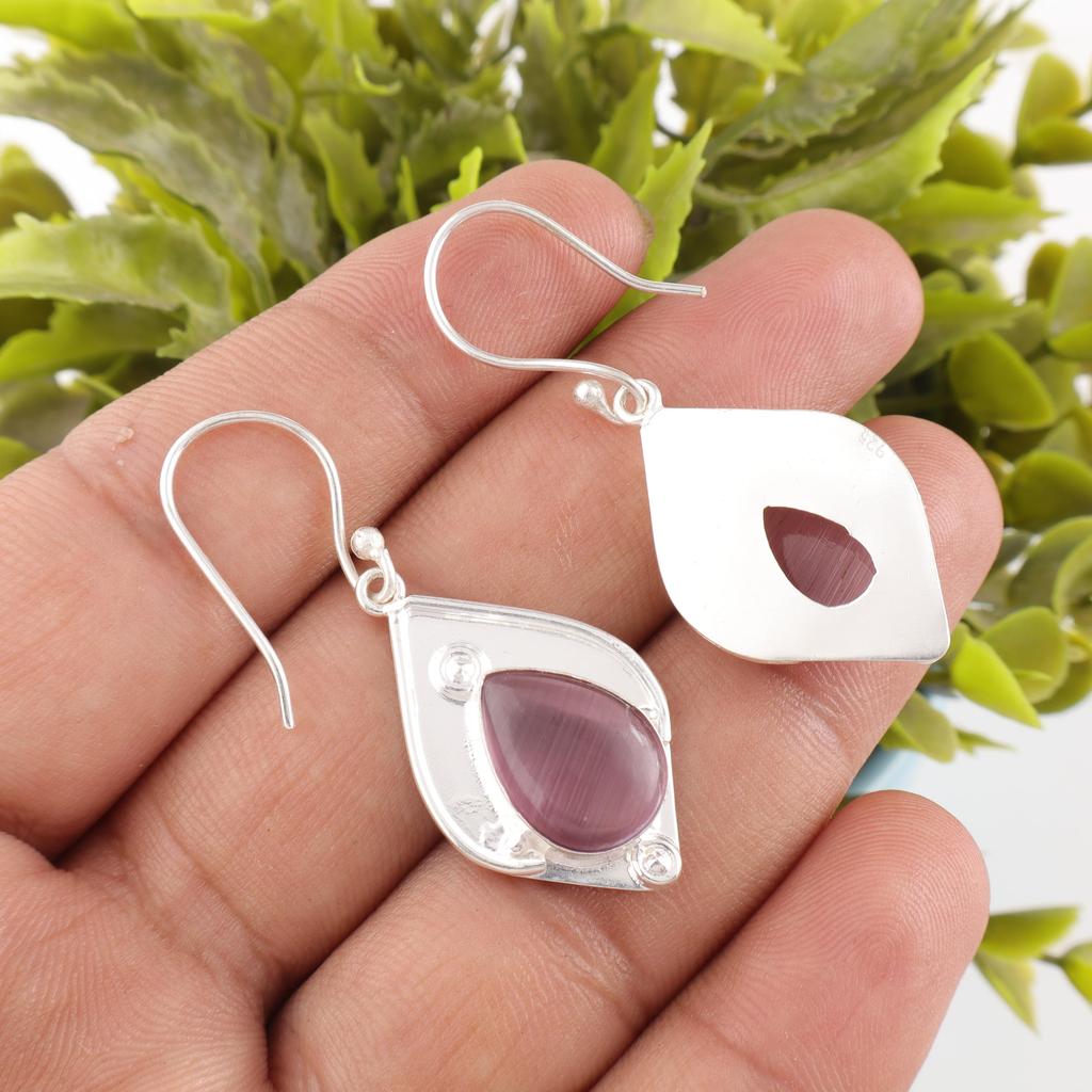 Boucles d'oreilles en Argent Sterling Massif 925 Œil de Chat Violet, Bijoux Boucles d'oreilles en Pierre Précieuse Fait Main, Cadeaux Pour Épouse Boucles d'oreilles Neuves