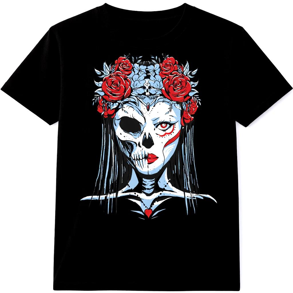 Sugar Skull Girl Rose Floral Day Of Dead Graphic Tee Gothic Halloween Shirt. L