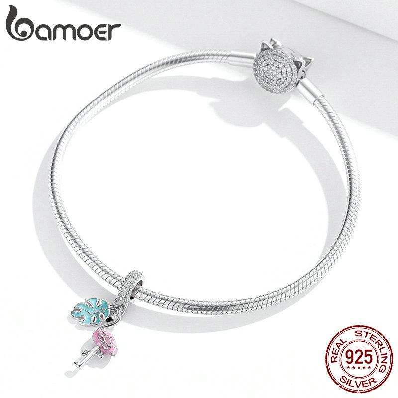 BAMOER 925 Sterling Silber Anhänger Sommer Rosa Emaille Flamingo Anhänger Charms für Schlangenarmband