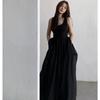 Französisches Retro Schwarzes Schlankmachendes Taillenbetonendes Langes Strandkleid für Thailand Reise & Sanya Meeresurlaub