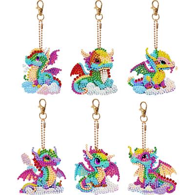 6 Pièces Porte-clés Peinture Diamant Double Face Forme Spéciale Porte-clés Art Diamant Rose Gris Dragon pour Adulte Sac à Main Décor