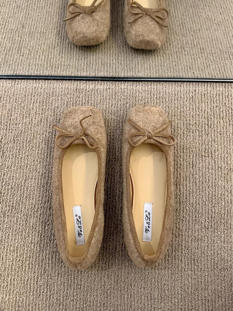 French Retro Ballet Flat Bottom Shallow Mouth Single Shoes Women's New Woolen Soft Sole Doudou Shoes One Pedal Ladyshoes