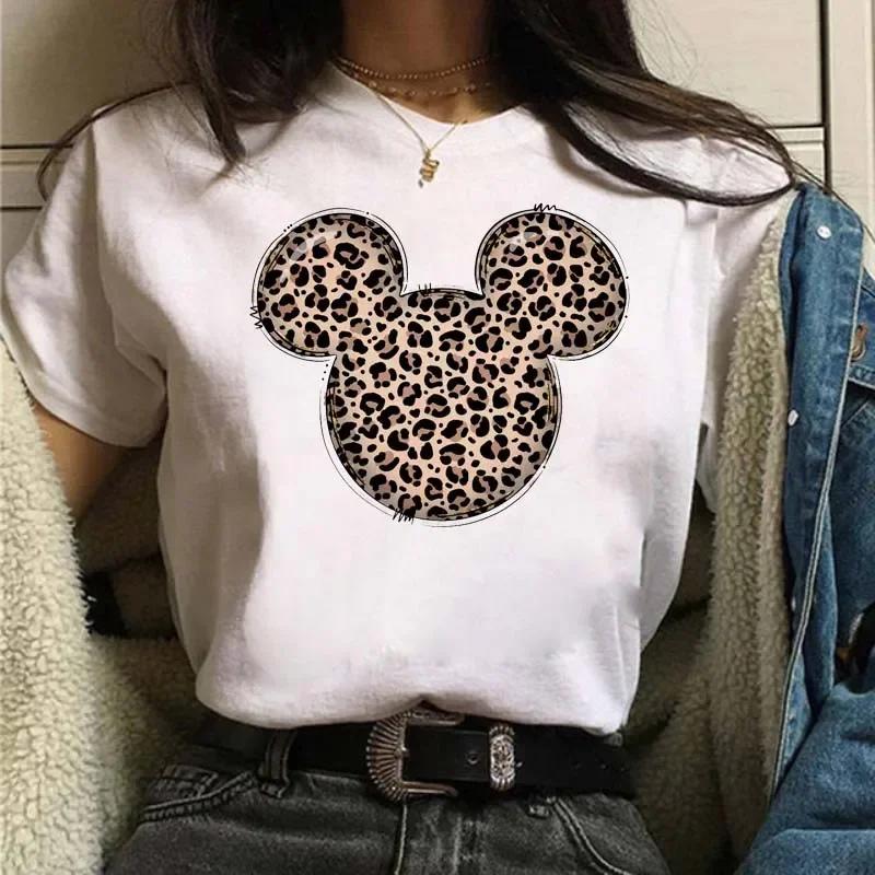 Cute T-Shirt Cartoon Tees Mickey Mouse Leopard Print Minnie Print White Short Sleeves Round Neck Tops Y2k Unisex