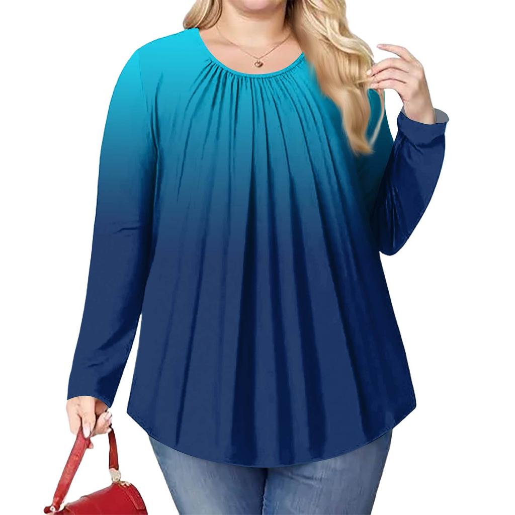Women's Plus Size Fashion Printed Casual Pleated Round Neck Long Sleeve Top