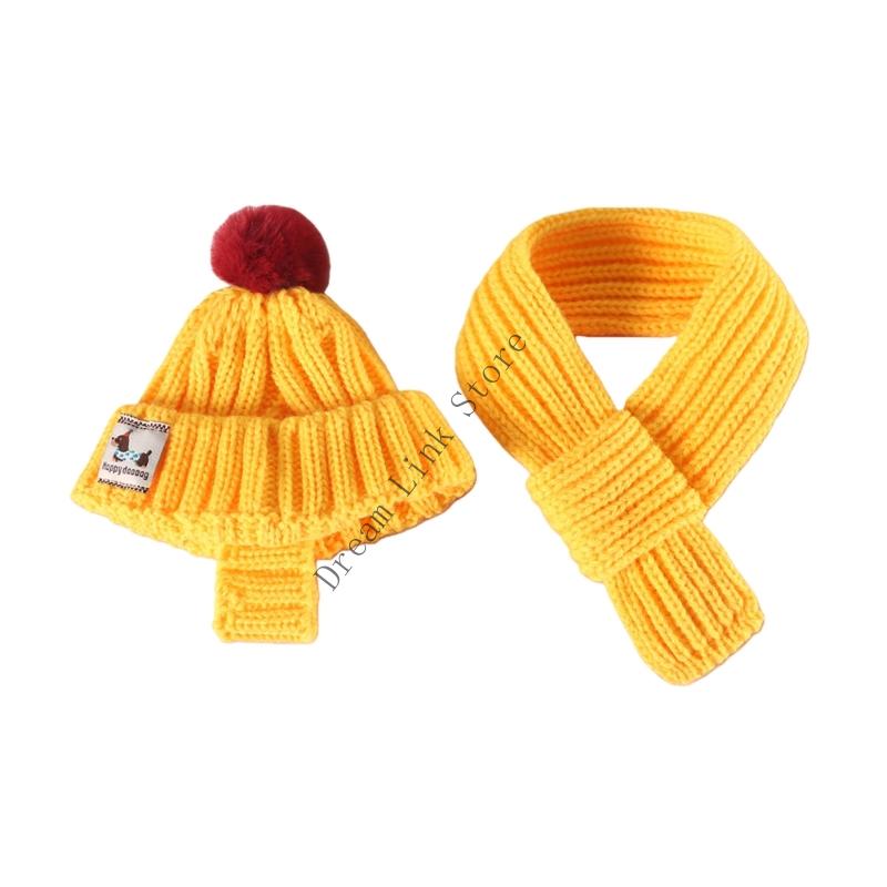 Q1FD Dog Winter Hat and Scarf Set Warm Knitted Pet Hat Scarf Dog Costumes Accessories S