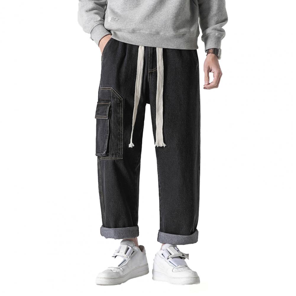 

Мужские летние повседневные джинсы с эластичной резинкой на талии, прямые широкие джинсовые брюки с несколькими карманами, дизайнерские длинные брюки, уличная одежда XL чёрный