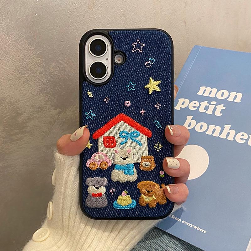 Fashion Denim Fabric Embroidery Puppy Dog Phone Case For iPhone 16 15 13 14 Pro Max Shockproof Back Cover Shell