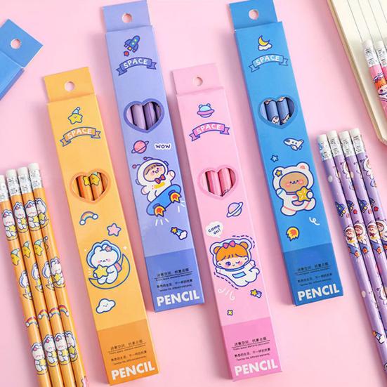 4Pcs Astronaut Cartoon Pencils Set Portable Space Theme Pencils with Eraser Head Safe Kids