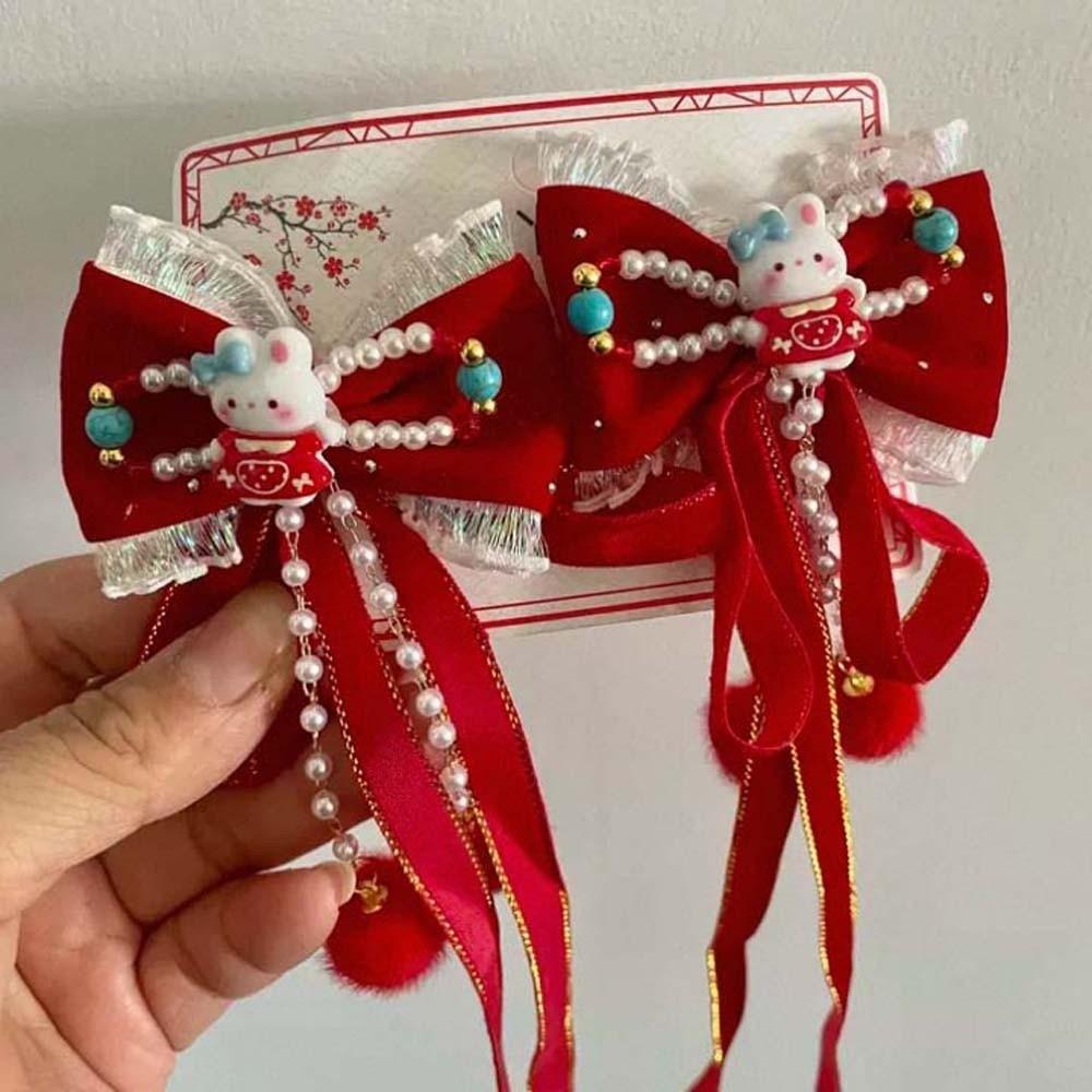 2pcs Bow New Year Ribbon Barrettes Lion Embroidered Bow Headwear Ancient Style Hair Clip  Winter