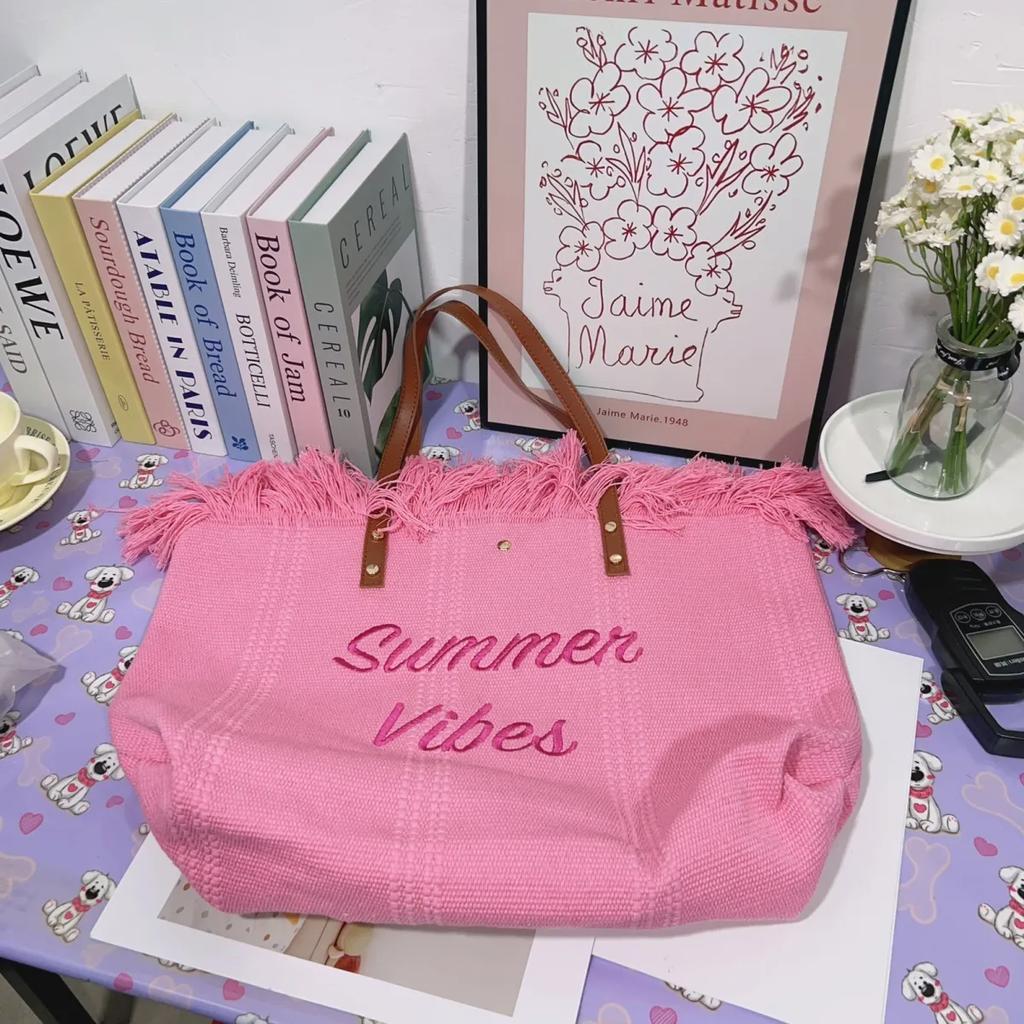 WTEMPO Color-blocking Large-capacity Canvas Bags Casual and Fashionable Tote Bags Simple Embroidered Commuter Women's Bags Summer Beach Bags