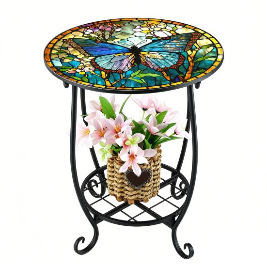 Huaqianguhh Outdoor Side Table, Round Small Mosaic Bird Butterfly Patio Accent, Indoor End Plant Coffee Tea Table for Yard Porch Garden Living