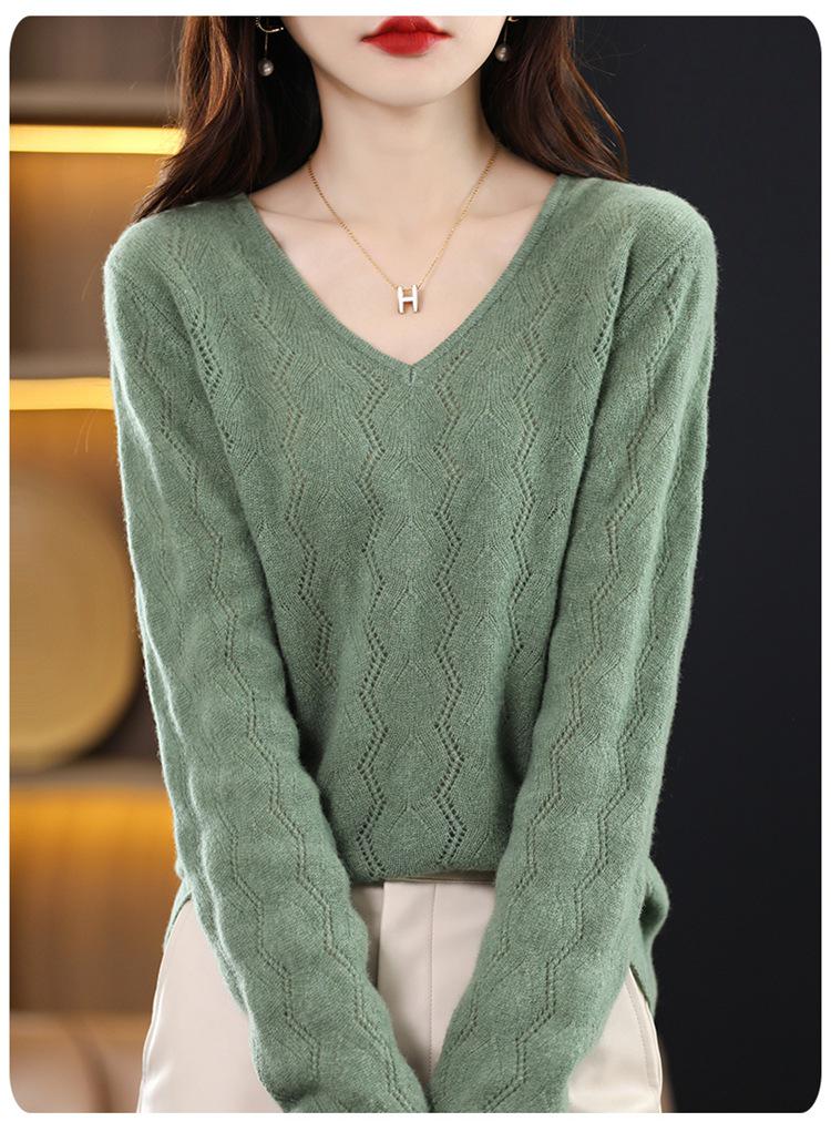 Women's 100% Hollow Wool V-Neck Sweater with Long Sleeves and Loose Collar - Autumn/Winter Style