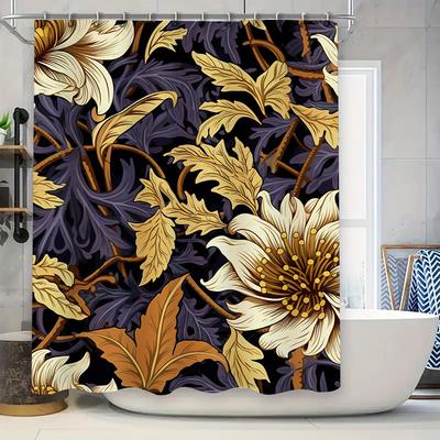 Luxury Floral Bath Shower Curtain 3D Printing Waterproof Decorative Bathroom Privacy Liner Set for Home Black Gold