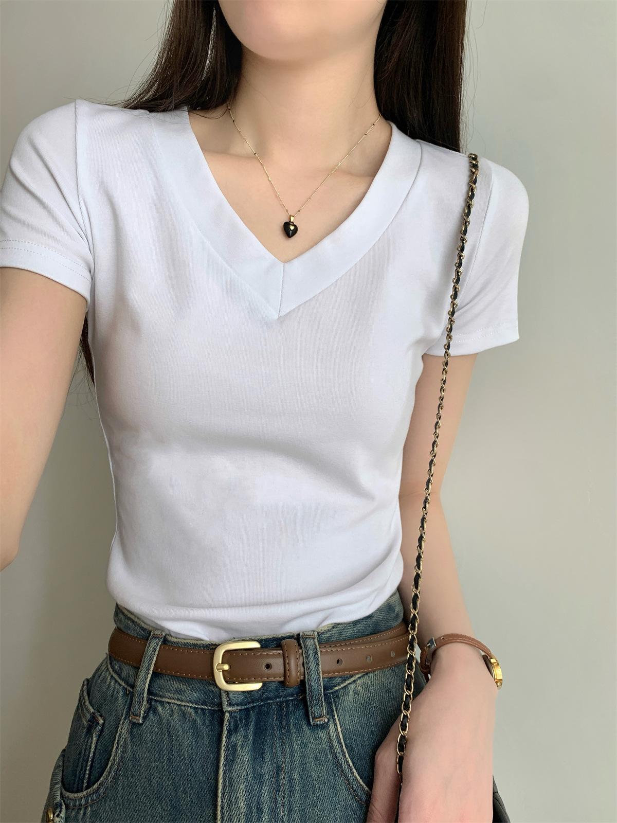 

Simple solid color V-neck front shoulder short-sleeved T-shirt women s summer new slim and thin basic student top XXL білий