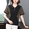 New Women's Clothing Elegant Fashion Loose Round Neck Simplicity Pullovers Zipper Striped Patchwork Button  Summer T-Shirts