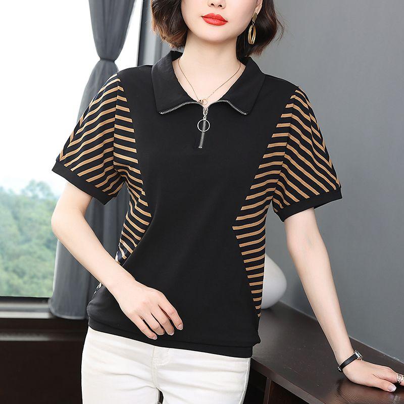 New Women's Clothing Elegant Fashion Loose Round Neck Simplicity Pullovers Zipper Striped Patchwork Button  Summer T-Shirts