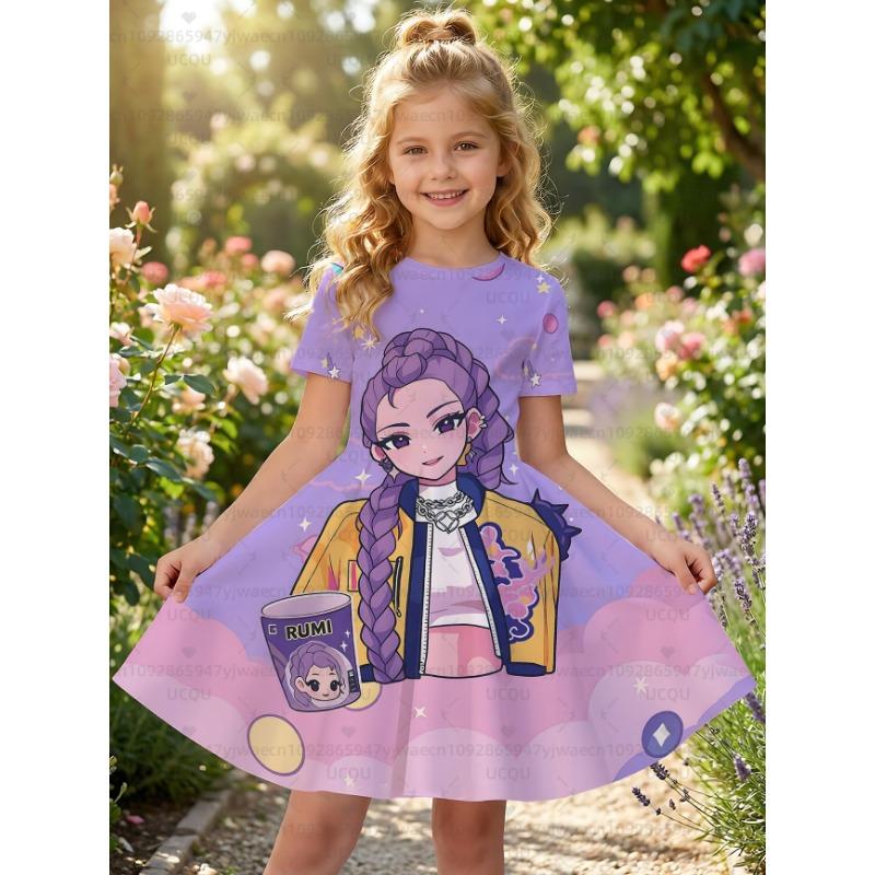 Summer Cute Kpop Demon Hunters Child Short Sleeve Adult Kids Tee Birthday Jersey Fashion Dress Cosplay Huntrix Fan Gift